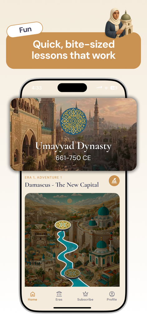 Archives - Islamic History - Interfaz de una aplicación móvil que muestra una lección de historia ilustrada sobre la Dinastía Omeya y Damasco.