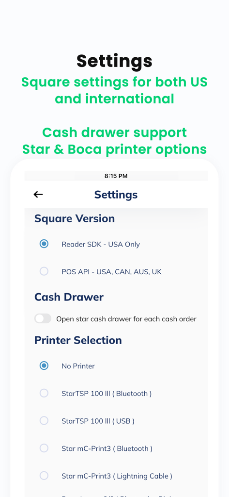 SimpleTix Organizer - SimpleTix Organizer Einstellungen-Bildschirm für Square-Integration und Konfiguration des Hardware-Druckers