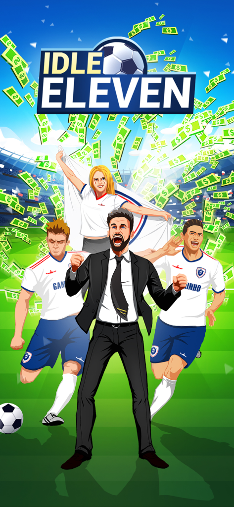 A soccer manager in a suit celebrating on a pitch with money raining down and soccer players in the background