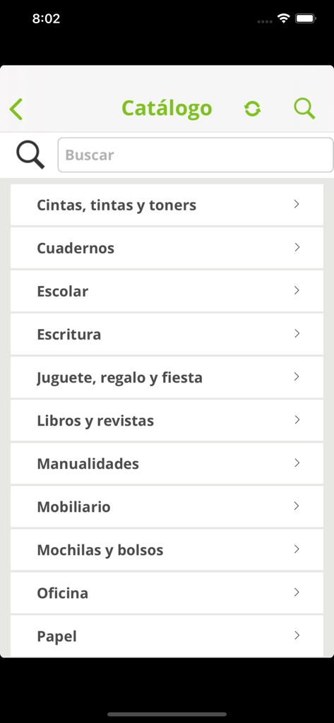 Librería Jardín - Catalog screen of the Libreria Jardin app showing product categories like school and office supplies in Spanish