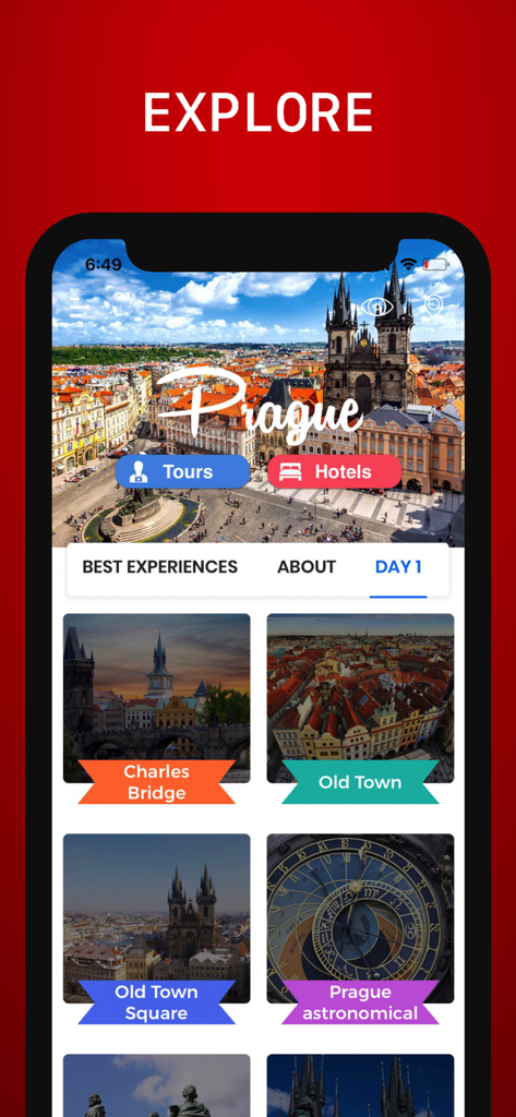 Prague Travel Guide . - 프라하 여행 가이드 앱 탐색 화면, 주요 명소와 일일 일정 표시