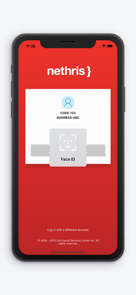 Pantalla de inicio de sesión de la aplicación móvil Payroll by Nethris con solicitud de autenticación Face ID.
