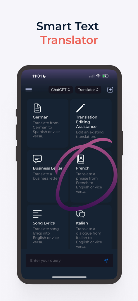 AI Chatbot GPT-5 Assistant - Pantalla del Traductor de Texto Inteligente de la aplicación AI Chatbot GPT-5 que muestra opciones de traducción para varios idiomas como francés y alemán.