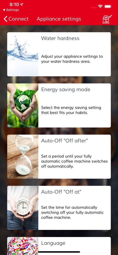 Melitta® Connect - Oberfläche der Melitta Connect App mit Geräteeinstellungen wie Wasserhärte und Energiesparmodus