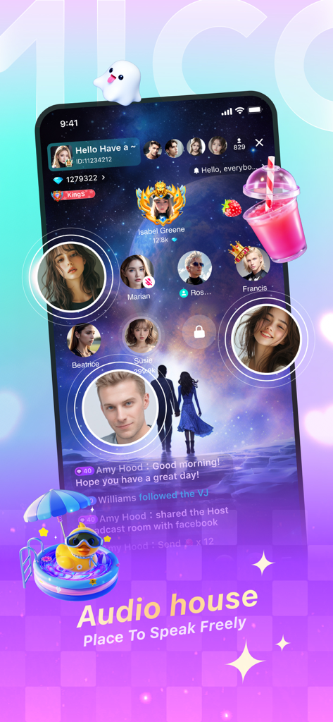 A screenshot of the MICO app featuring the Audio House voice chat room with interactive virtual gifts and multiple participant profiles