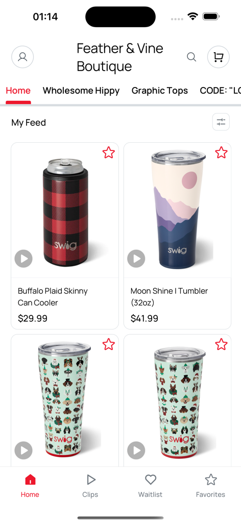 Feather and Vine Boutique mobile app interface displaying a product feed with tumblers and can coolers