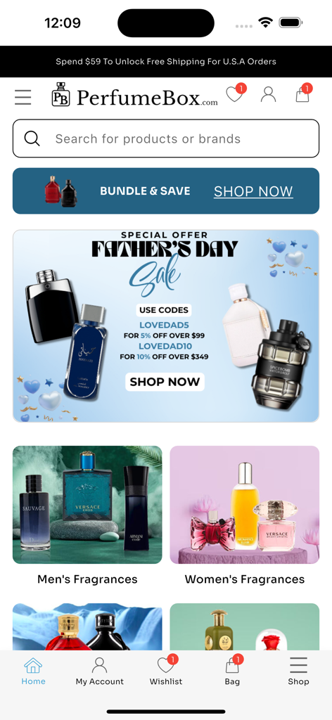 The PerfumeBox - Startbildschirm der The PerfumeBox App mit einem Banner für den Vatertagsverkauf und Duftkategorien für Männer und Frauen.