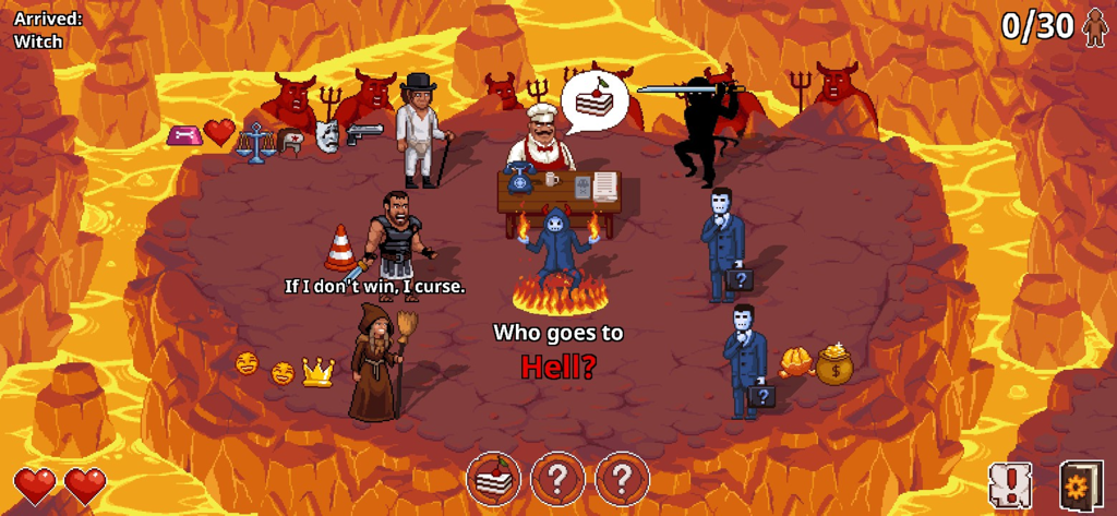 Peace, Death! 2 - 플레이어가 어떤 영혼이 지옥으로 가야 하는지 결정해야 하는 Peace Death 2의 픽셀 아트 게임플레이 장면