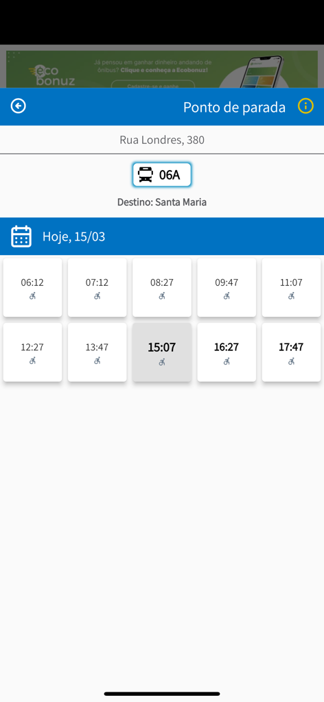 Viação Real - L'interface de l'application Viacao Real affichant les heures d'arrivée des bus pour l'itinéraire 06A à un arrêt à Varginha.
