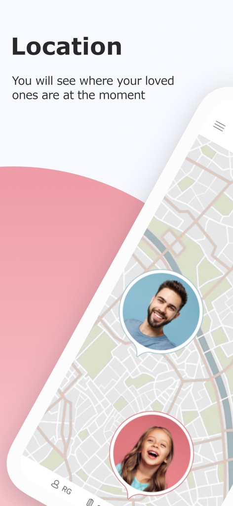 Family locator - Locator 24 - A smartphone showing the Family Locator app map with real-time location pins for a father and daughter