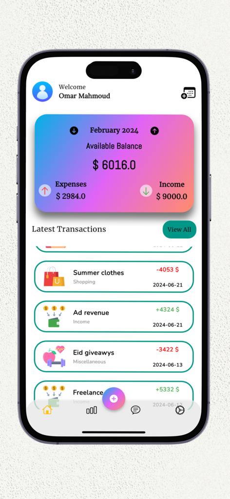 CashBot — Smart Budget - CashBot app dashboard showing available balance income expenses and latest transactions list