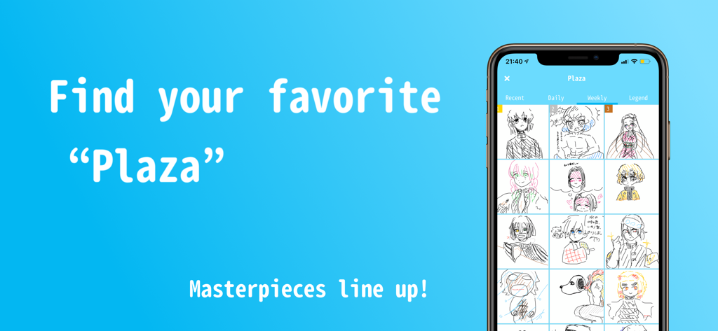 DrawTogether! - Enjoy Drawing - A mobile screen showing the DrawTogether Plaza gallery with a grid of user created drawings.