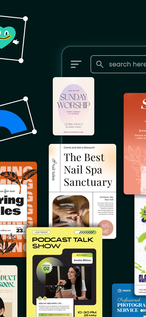 Poster Maker : Flyer Maker - Interface d'application mobile affichant divers modèles personnalisables d'affiches et de flyers pour les petites entreprises et les événements.