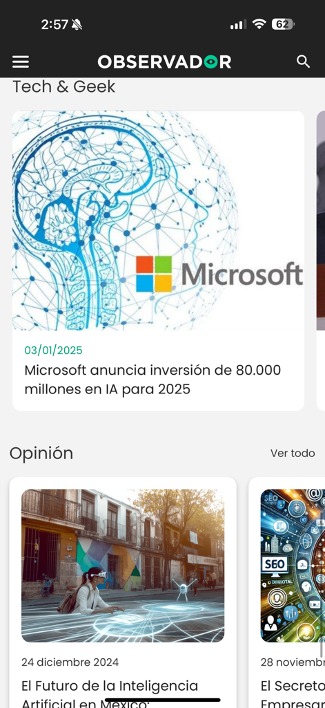 Interfaz de la app de noticias Observador que muestra artículos sobre tecnología e IA en español