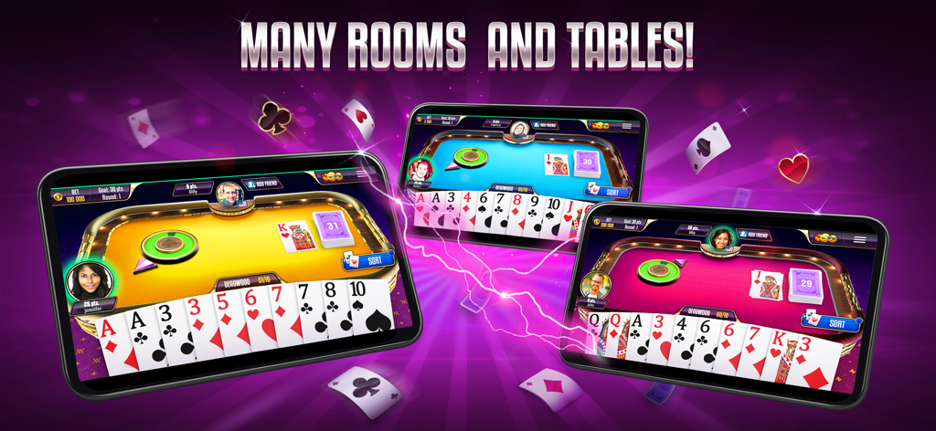 Tres dispositivos móviles mostrando diferentes mesas de juego de gin rummy coloridas con jugadores y cartas.