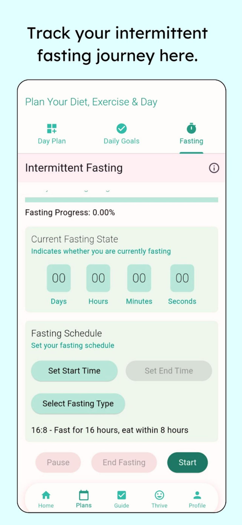 Healthyhold - Interface do rastreador de jejum intermitente no aplicativo HealthyHold mostrando o cronômetro de progresso e as configurações do horário.