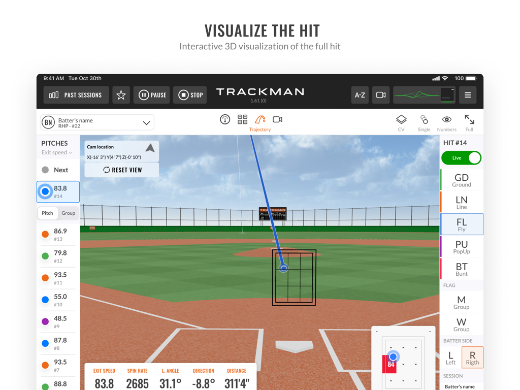 Application iPad de Trackman Baseball Pro affichant une visualisation 3D interactive d'une frappe avec des métriques de données de performance