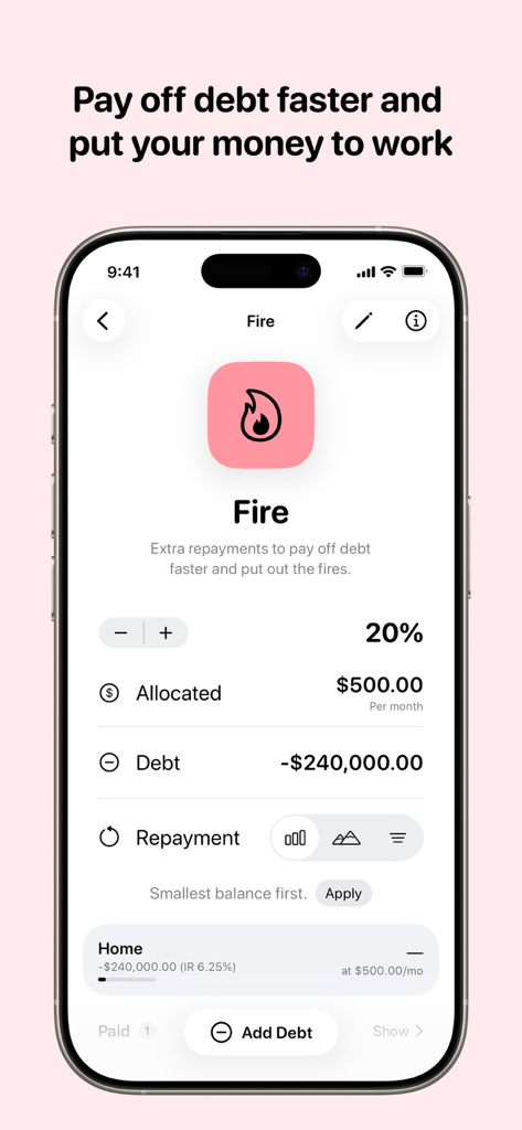 Barefoot Buckets - Barefoot Buckets app interface showing the Fire bucket for manual debt repayment tracking and mortgage allocation.