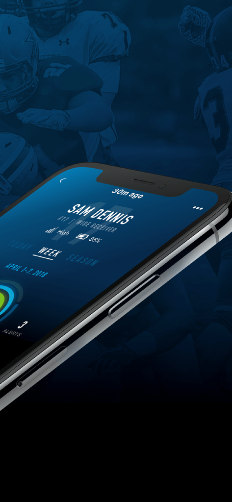 Smartphone screen showing head impact alerts and player statistics in the Prevent app
