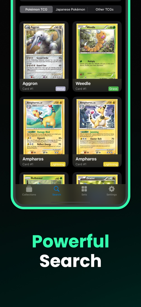 Card Scanner for Pokémon Dex - Mobile app interface showing the search feature for Pokemon trading cards.