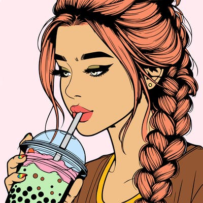 realistic girl drinking boba tea with braided hair