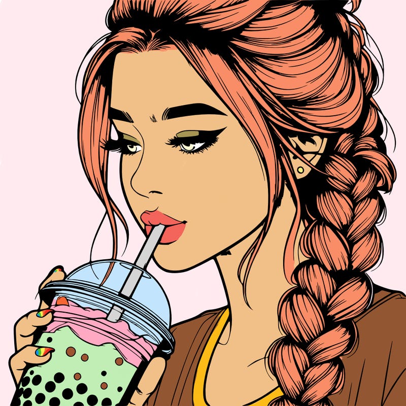 realistic girl drinking boba tea with braided hair