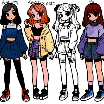 one girl with crop-top shirt and a jacket with a skirt, long socks and another girl with a shirt and pants with a jacket