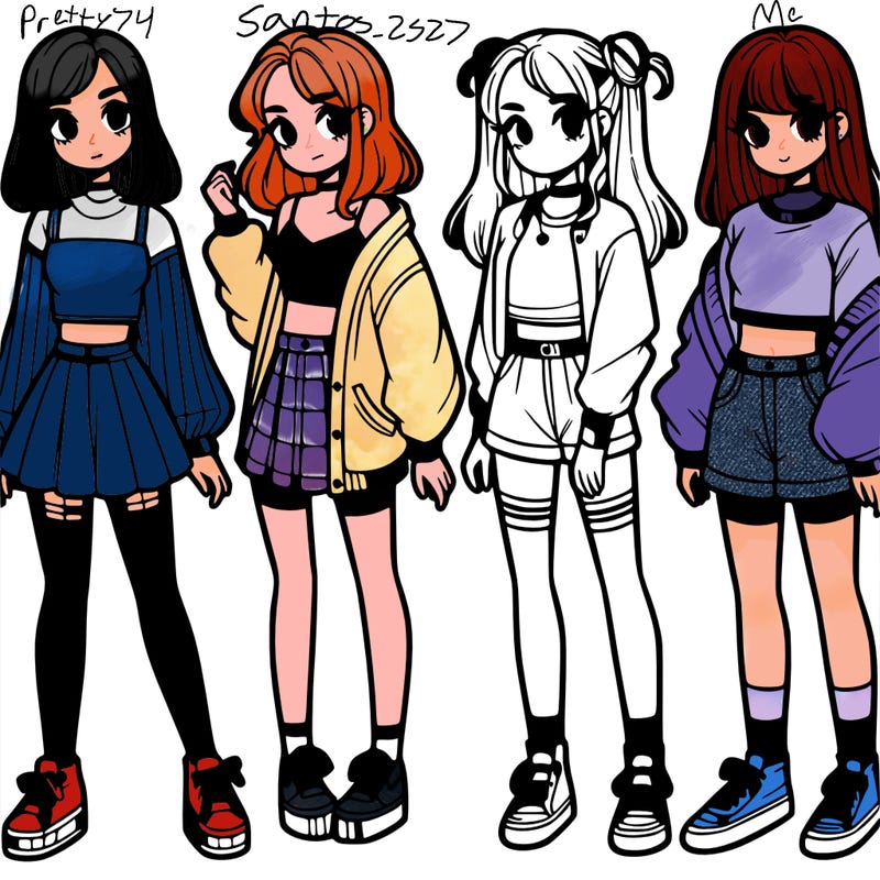 one girl with crop-top shirt and a jacket with a skirt, long socks and another girl with a shirt and pants with a jacket