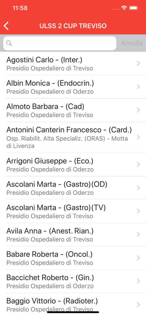 Elenco ricercabile di specialisti medici e sedi ospedaliere all'interno dell'app mobile ULSS 2 CUP TREVISO.