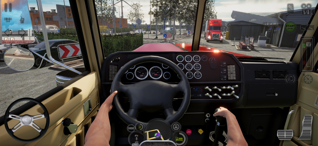 Truck Simulator USA Revolution - Vista de cabina en primera persona de un interior de camión realista en Truck Simulator USA Revolution
