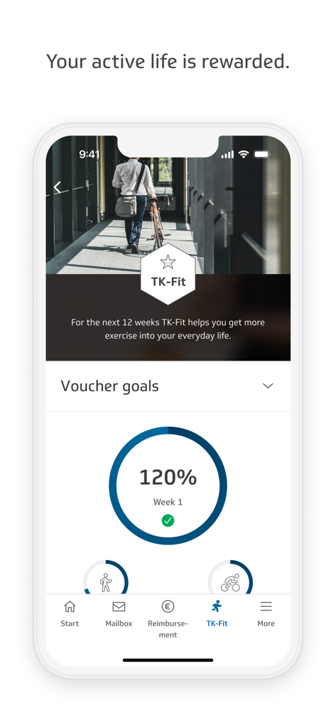 TK-App - TK-Fit dashboard in the TK-App showing fitness progress and voucher goals