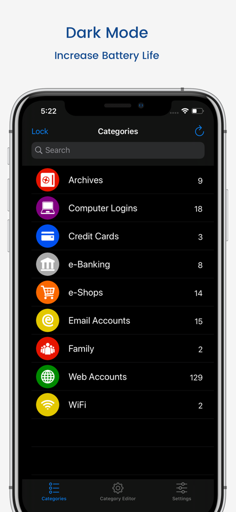 aWallet Password Manager - aWallet Password Manager Categories screen in Dark Mode showing organized data folders
