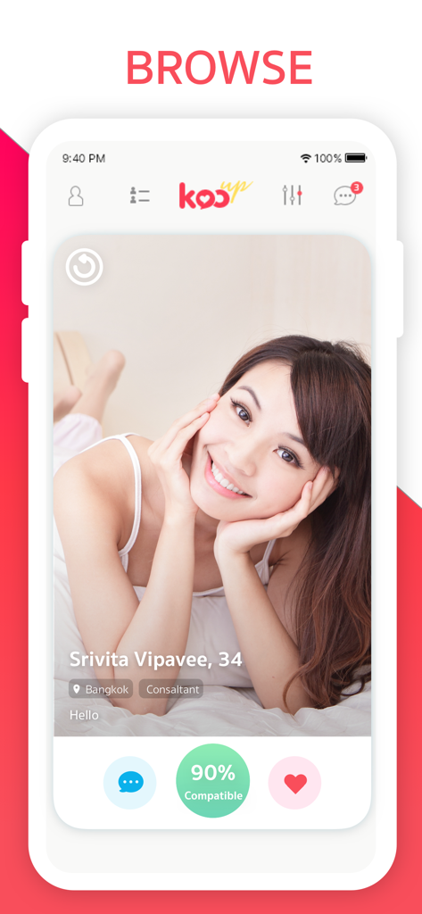Kooup - Date Your Soulmate - Pantalla de exploración de la aplicación Kooup que muestra el perfil de una mujer con una puntuación de compatibilidad del 90 por ciento