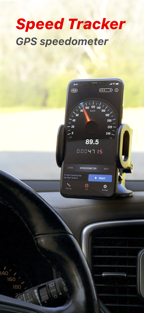 Speed Tracker GPS speedometer app displayed on an iPhone mounted on a car dashboard.