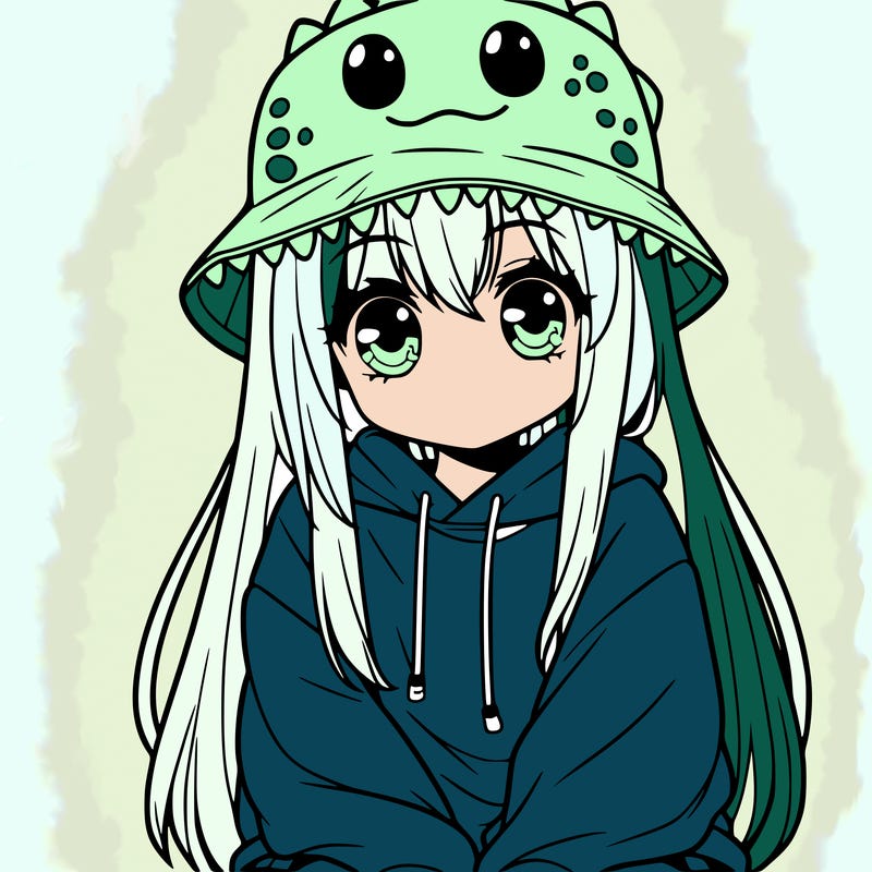 girl with anime shaped eyes with a dinosaur bucket hat oversized sweatshirt long straight hair