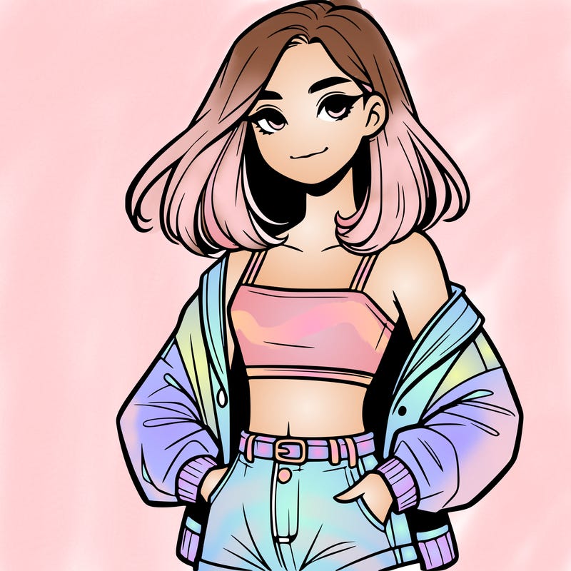 a realistic girl with a crop top and short shorts in an open jacket