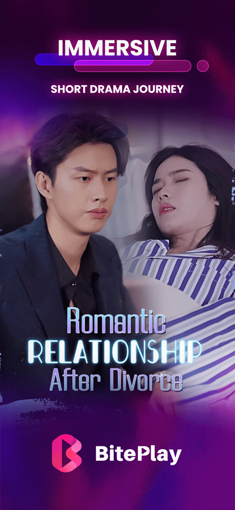 BitePlay - BitePlay app promotional screen showing a romantic scene from the short drama Romantic Relationship After Divorce.