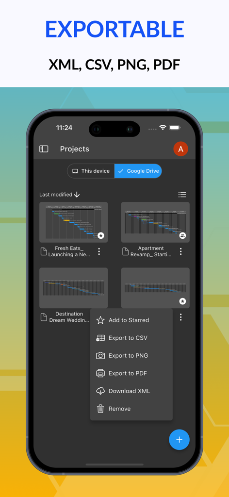 Gantt chart AI planner Ingantt - Application mobile Ingantt montrant les options d'exportation pour les formats CSV, PNG, PDF et XML
