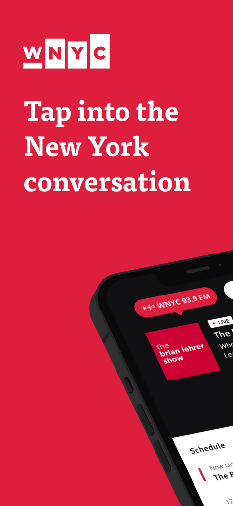 WNYC app welcome screen with New York conversation slogan and Brian Lehrer Show feature