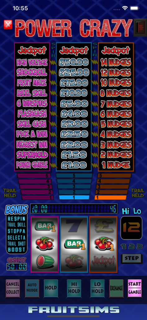 Pantalla de juego de Power Crazy Fruit Machine que muestra las tragaperras de 3 rodillos y torres de funciones para efectivo y empujes virtuales.