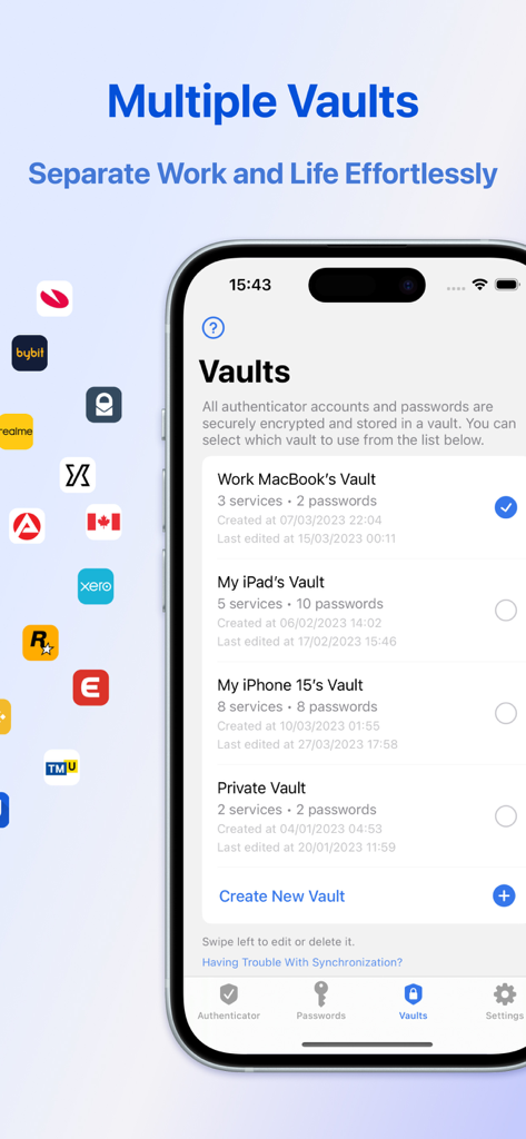 Authenticator App - Authy, 2FA - Authenticator app showing multiple secure vaults to separate work and life accounts