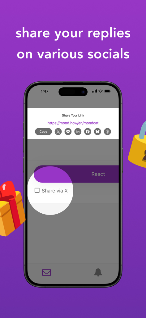 A mobile interface showing social media sharing options for the Mond anonymous Q&A platform with a link in bio feature