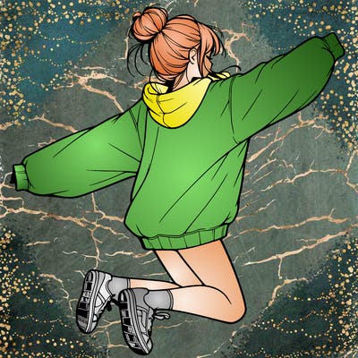 realistic girl jumping with a bun and oversized sweatshirt