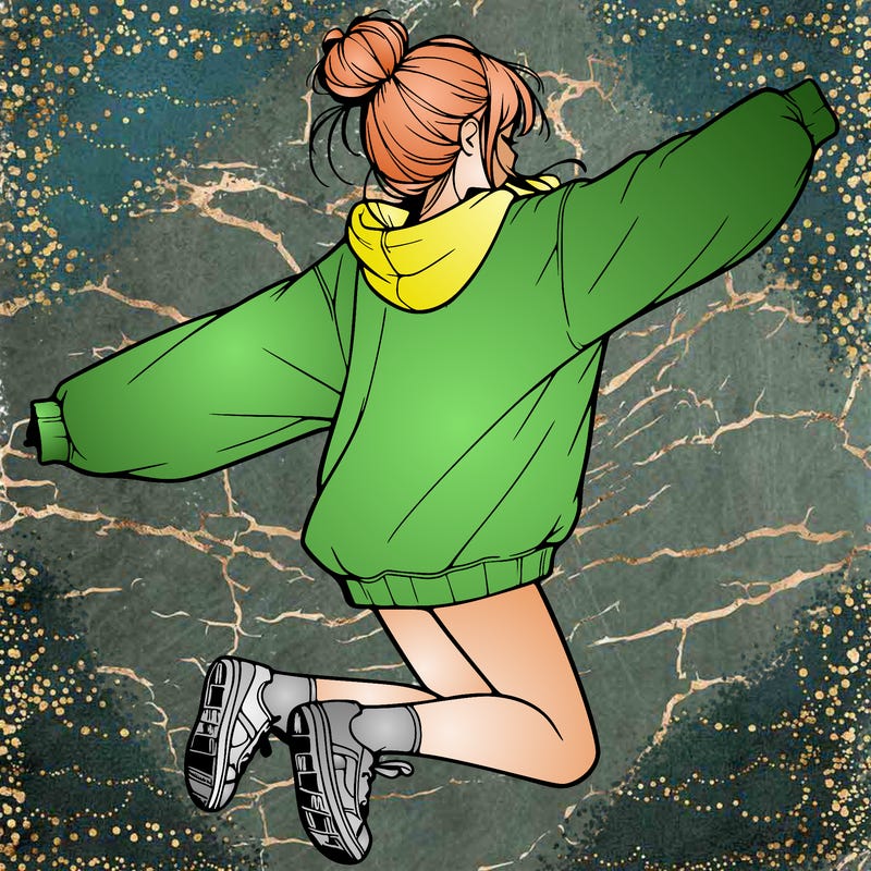 realistic girl jumping with a bun and oversized sweatshirt