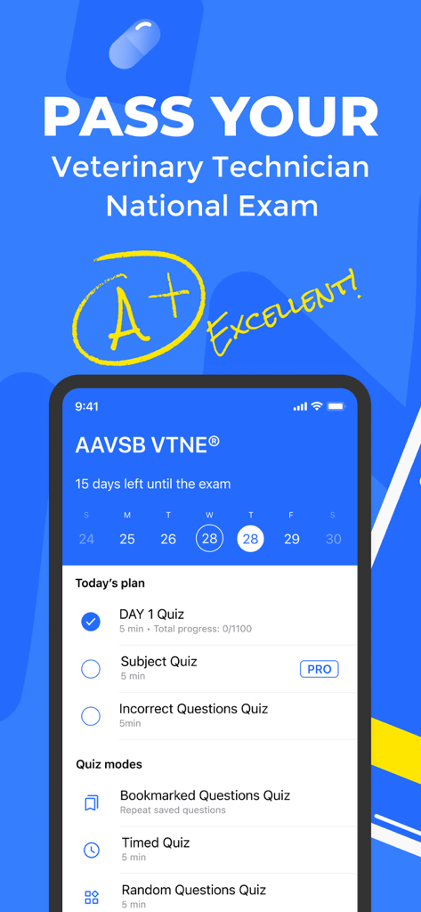 VTNE Exam Prep & Pass 2026 - A mobile app interface for VTNE exam preparation featuring a daily study plan, countdown timer, and various quiz modes.