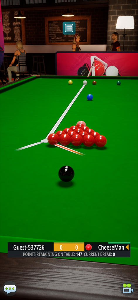 Vista en retrato de una mesa de billar 3D con bolas rojas y puntuaciones de jugador