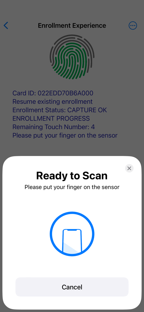 生体認証カード登録の進捗状況とNFCスキャンプロンプトを表示するBiometricCardDemoアプリ画面
