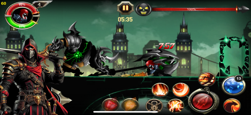 Shadowborn Legacy:Dark Warrior - Gameplay screenshot of Shadowborn Legacy Dark Warrior showing a battle against a large armored boss in a dark fantasy city.