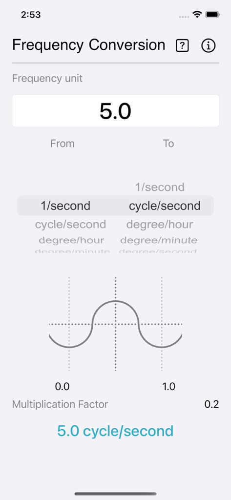 Interfaz de la aplicación Conversión de Frecuencia mostrando selección de unidades y resultado del cálculo
