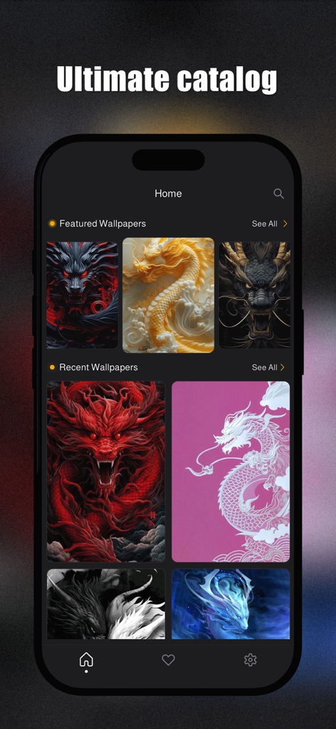 Dragon Wallpapers 3D - Dragon Wallpapers 3D app home screen showing a catalog of featured and recent dragon backgrounds